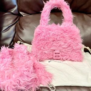 Balenciaga hourglass S Small faux fur furry fluffy top handle handbag tote pink